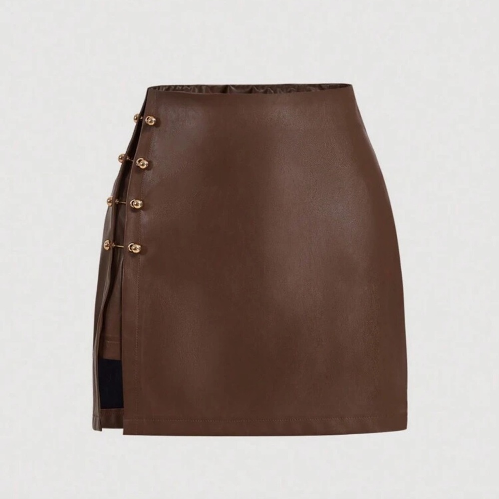 Brown Side Slit Metallic Trim Faux Leather A-Line Skirt